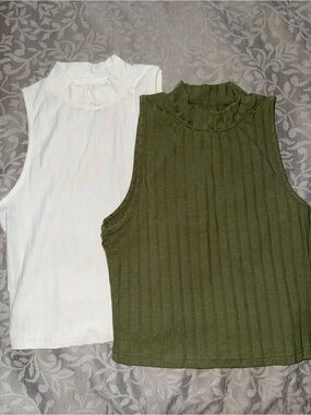 SHEIN Ribbed Mock Neck Tank Top in Olive and White